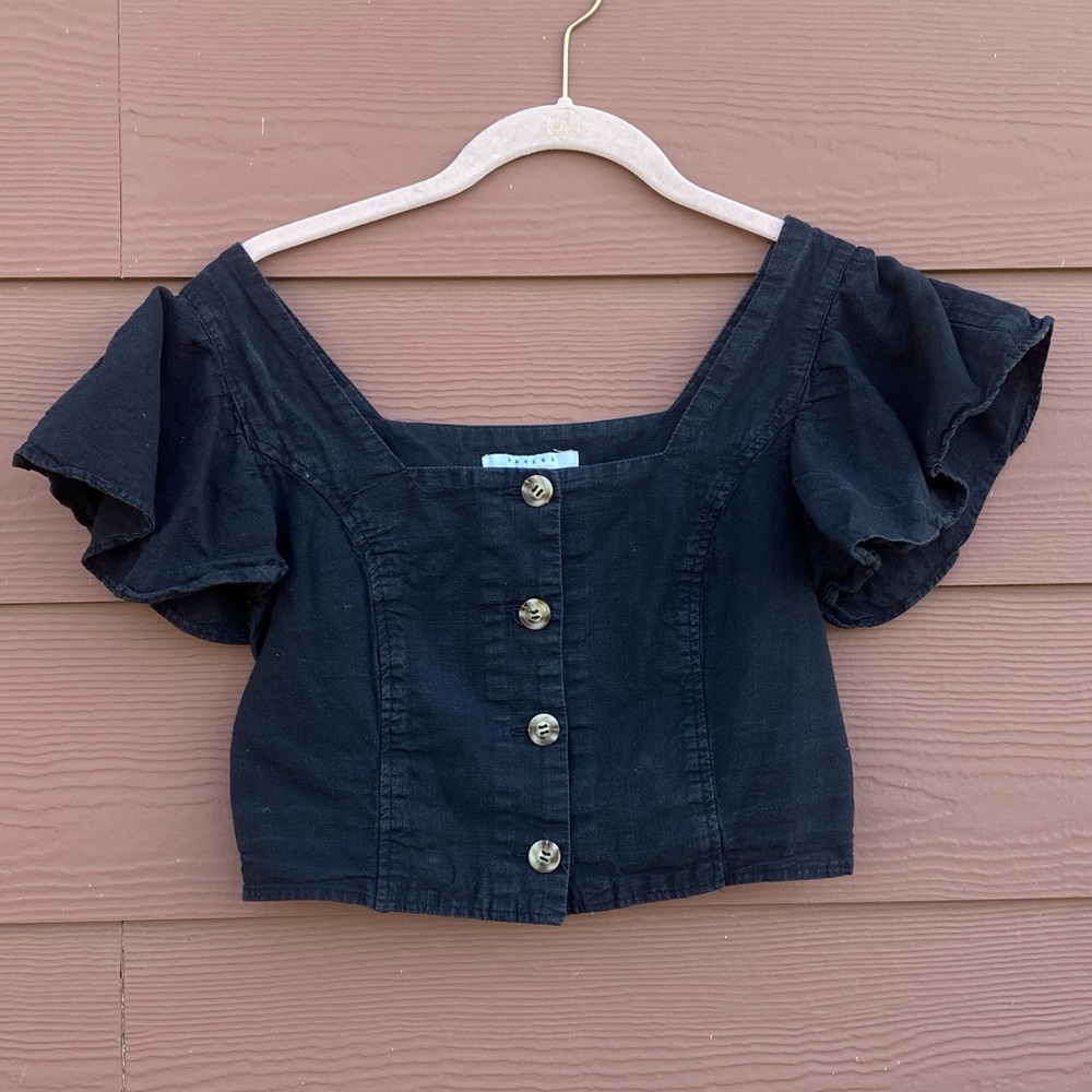 Favlux Fashion Black Charcoal Cotton Cropped Top Ruffle Blouse Shirt Size Small